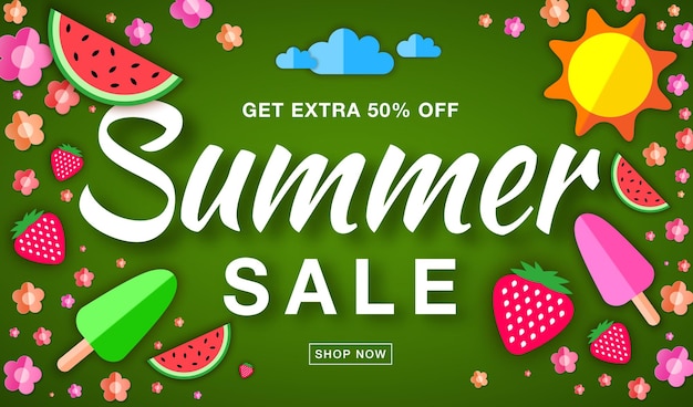 Summer sale banner with flat paper sun watermelon ice cream strawberry flower vector