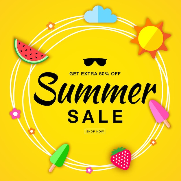 Summer sale banner with flat paper sun watermelon ice cream strawberry vector