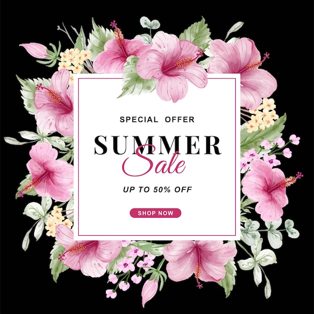 Summer sale banner with flower hibiscus watercolor