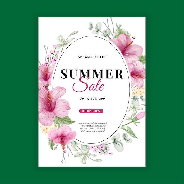 Summer sale banner with flower hibiscus watercolor