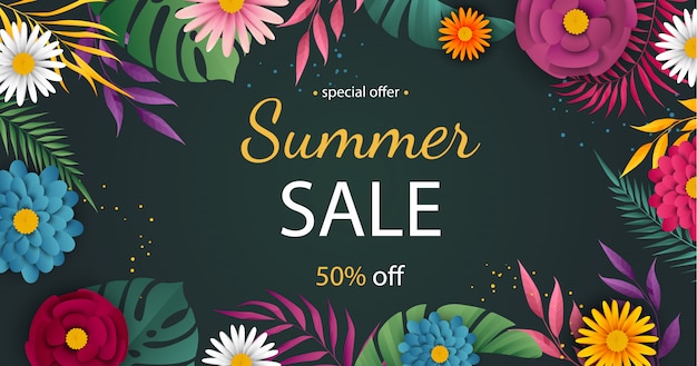 Summer sale banner with flowers on a green background.