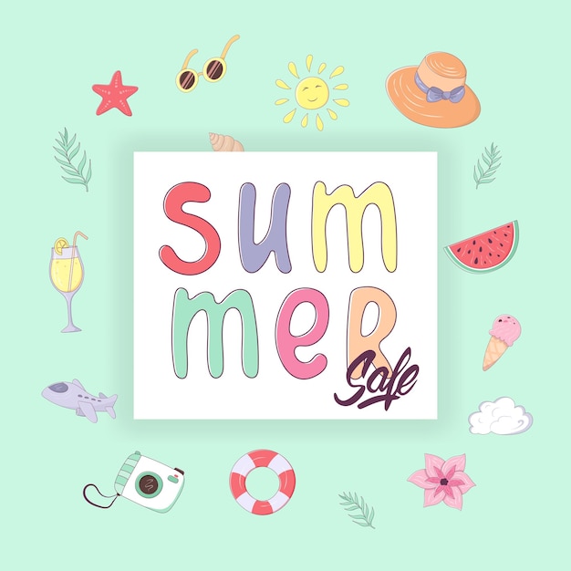 Summer sale banner with lettering and design elements. Vector illustration in cartoon style with strokes for advertising