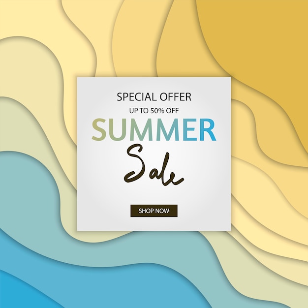 Summer sale banner with paper cut frame on blue sea and beach summer background with curve paper waves and seacoast for banner, flyer, poster or web site design. Paper cut style, illustration