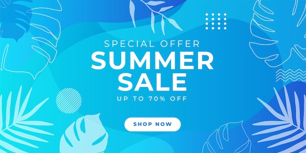 Summer sale banner with paper cut wave style and tropical leaves  