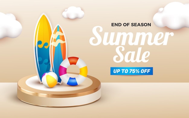 Summer sale banner with podium and 3d element beach illustration