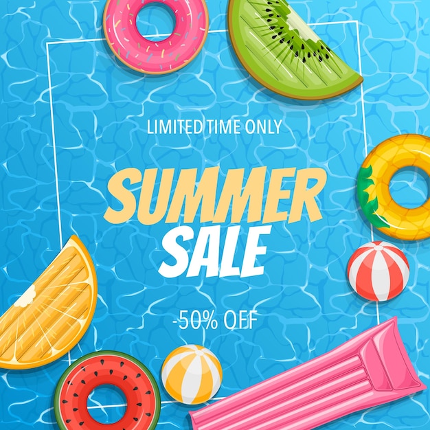 Summer sale banner with swimming pool colorful floats and text