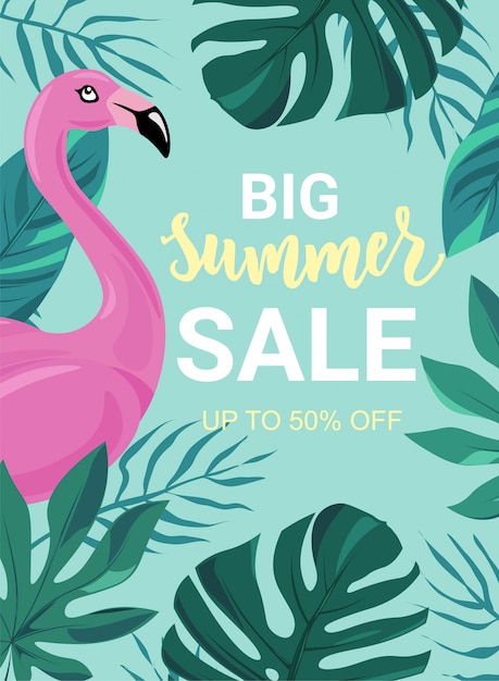  Summer sale banner with tropic leaves, flamingo. Good for sale flyers, cards, advertising, promo poster, web templates. Hand lettering word "summer".