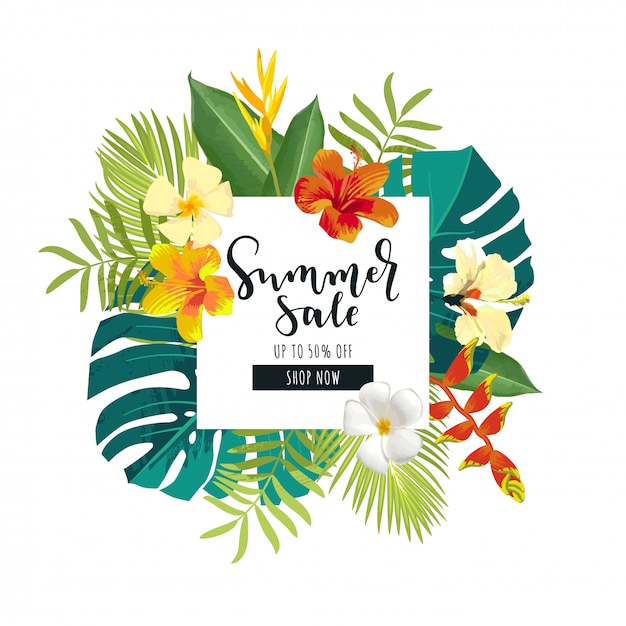 Summer sale banner with tropical flowers