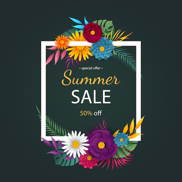 Summer sale banner with tropical flowers.