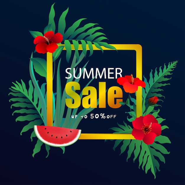 Summer sale banner with  tropical leaves, exotic tropical leaves design