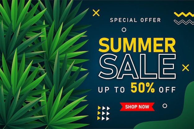 Summer Sale banner with tropical leaves