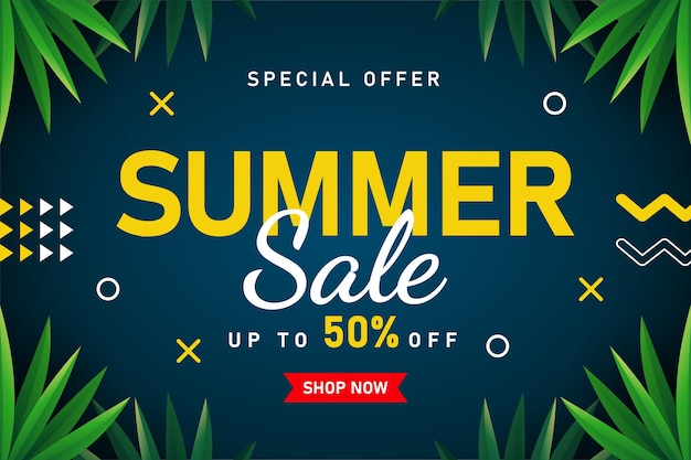 Summer Sale banner with tropical leaves