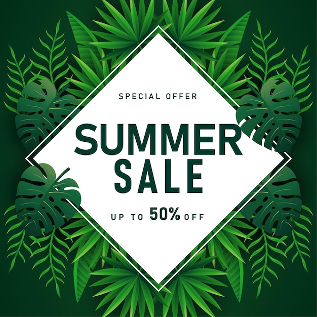 Summer Sale banner with tropical leaves