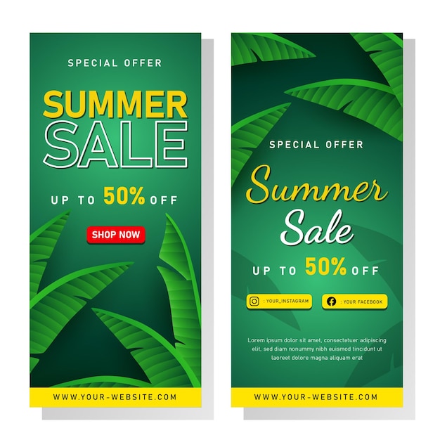 Summer Sale banner with tropical leaves