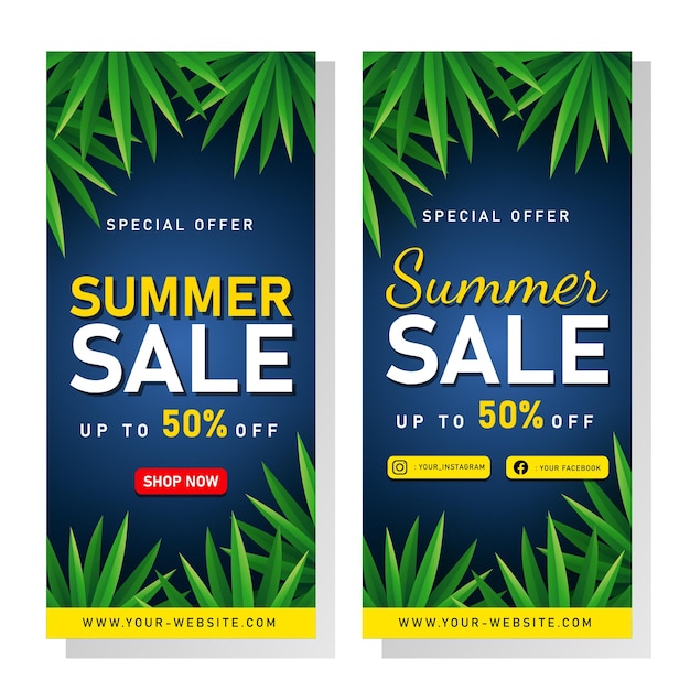 Summer Sale banner with tropical leaves