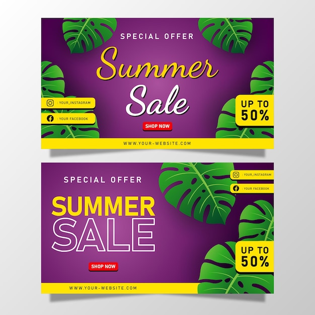 Summer Sale banner with tropical leaves