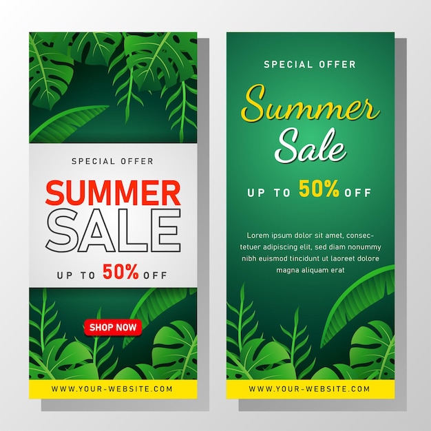 Summer Sale banner with tropical leaves