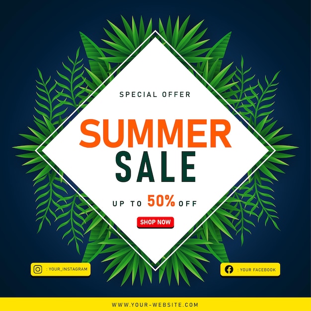 Summer Sale banner with tropical leaves