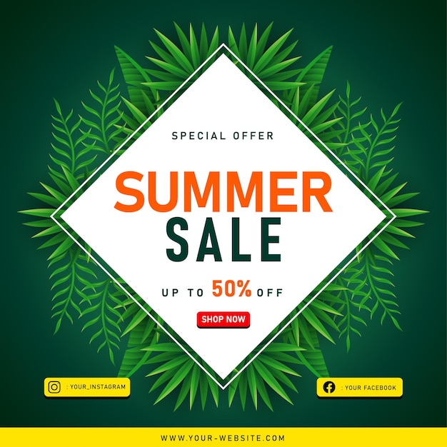 Summer Sale banner with tropical leaves