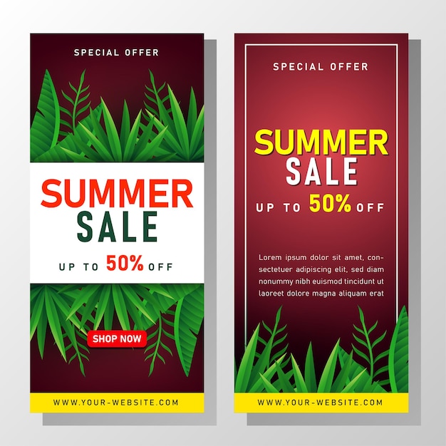 Summer Sale banner with tropical leaves