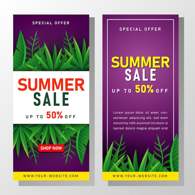 Summer Sale banner with tropical leaves