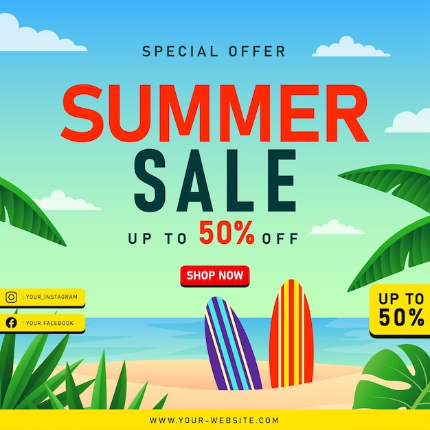 Summer Sale banner with tropical leaves