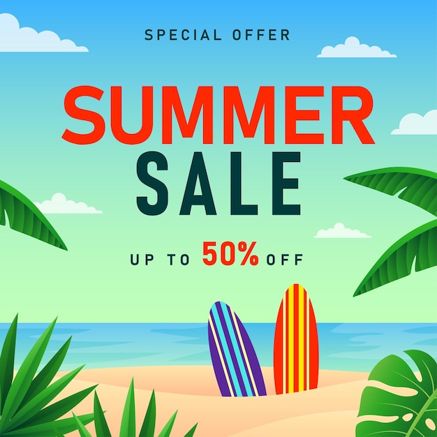 Summer Sale banner with tropical leaves