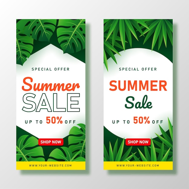 Summer Sale banner with tropical leaves