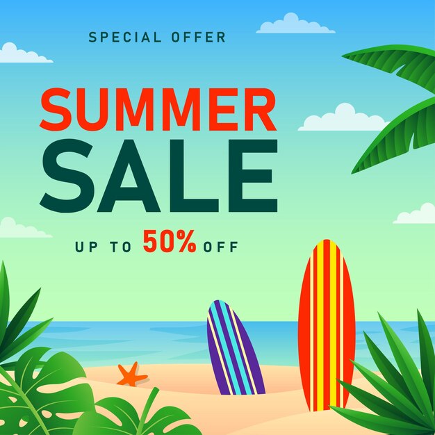 Summer Sale banner with tropical leaves