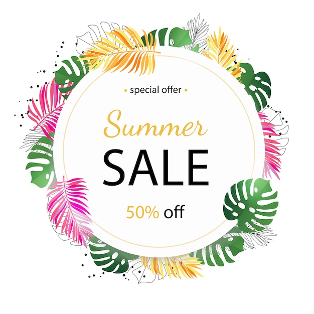 Summer sale banner with tropical palm leaves and plumeria flower