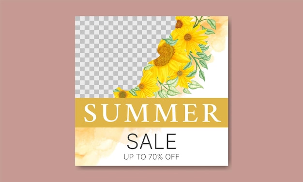 Summer sale banner with watercolor sunflower