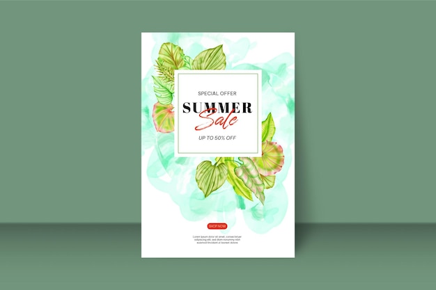 Summer sale banner with watercolor tropical leaves