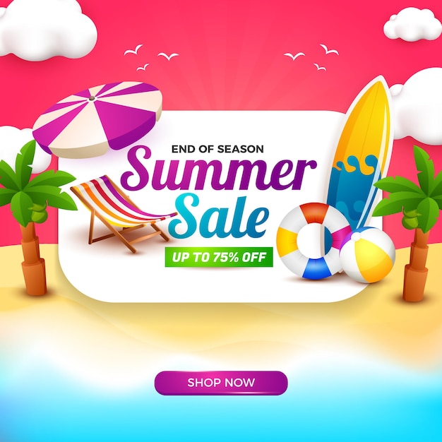 Summer sale banner with white board and 3d cartoon element