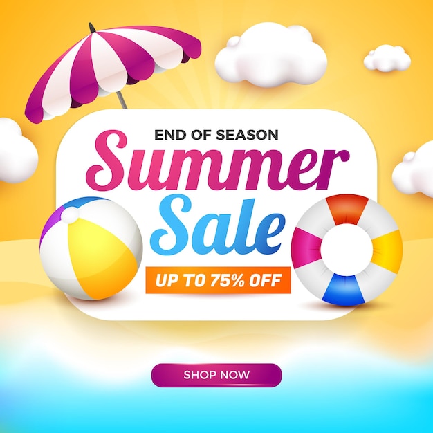 Summer sale banner with white board and 3d cartoon element