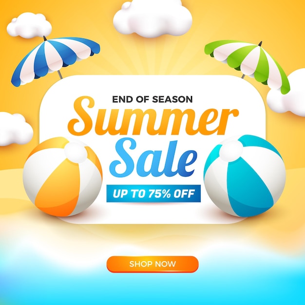 Summer sale banner with white board and 3d cartoon element