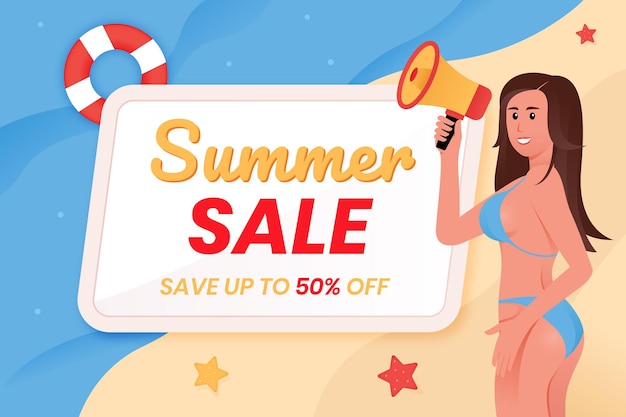 summer sale banner with woman wearing bikini holding megaphone