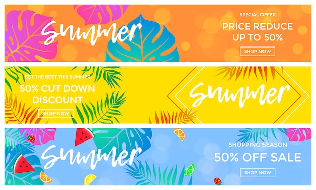 Summer sale banners of fruits and palm leaf vector online shopping flyer