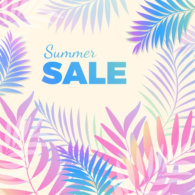 Summer sale bright poster in blu-pink colors with tropical palm leaves on background. Vector greeting card for seasonal price decrease.