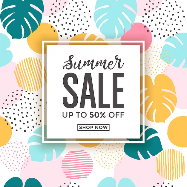 Summer sale card with cute summer themed tropical leaf designs