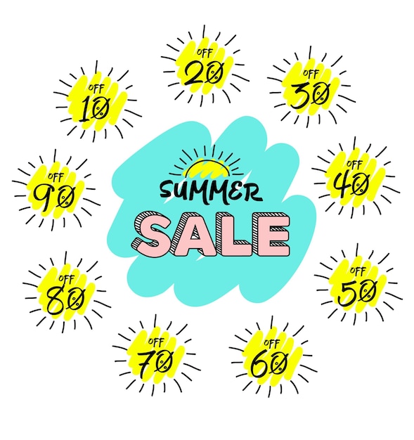 Summer sale collection pf icons on the sun hand drawn graphic sketch