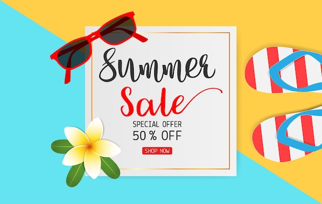 Vector summer sale concept for discount promotion with colorful sandals sunglasses and plumeria flower on blue and yellow background