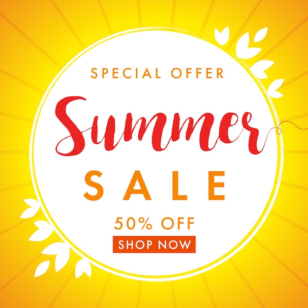 Summer sale creative golden frame. Seasonal ad poster, red color lettering, up to 50 percent off.