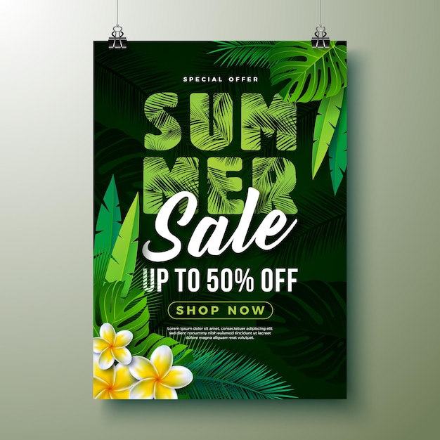 Summer Sale Design with Flower and Exotic Palm Leaves on Tropical Floral Plants Background