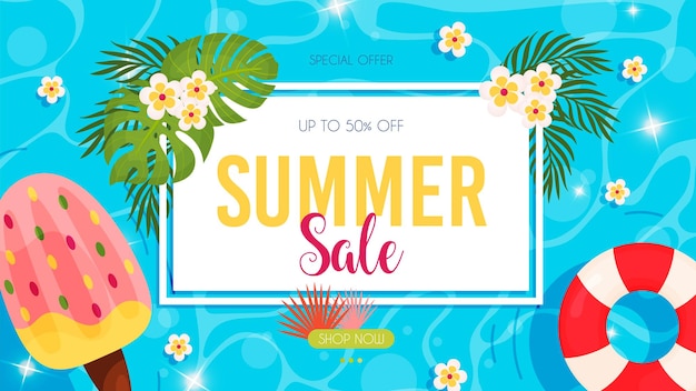 Summer sale flyer Hello summer pool background Vector illustration