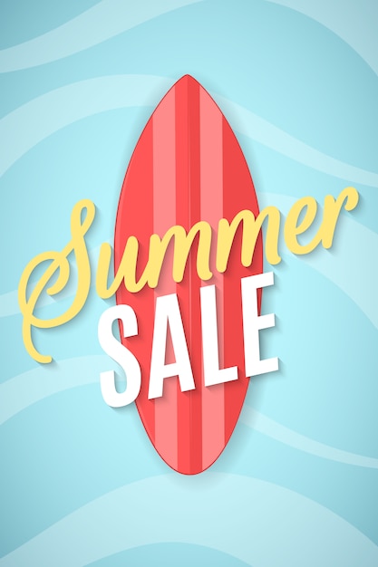 Summer sale flyer. Red board for surfing and the sea.