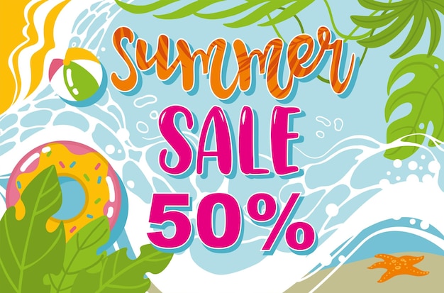 Summer sale horizontal banner template Mockup Your text here Illustration of summer beach