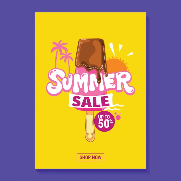 Summer Sale Illustration Poster with Popsicle, Beach and Tropical Leaves Background