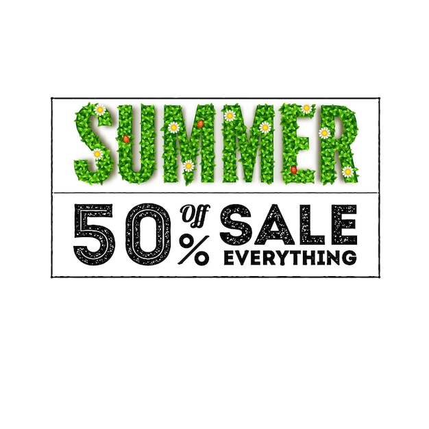 Summer sale. Large letters with green foliage and an inscription in the form of a stamp