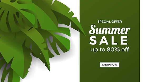 Summer sale offer banner promotion with banana and monstera tropical leaves