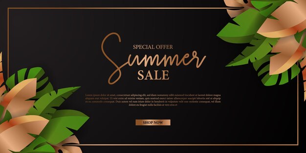 Summer sale offer banner promotion with green tropical leaves